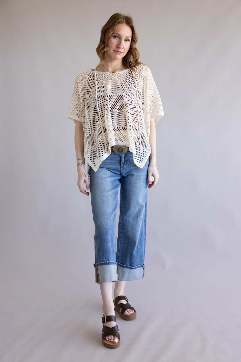 Crochet Tie Poncho Top for Women in Beige | WLPS087-BEIGE - Image 4