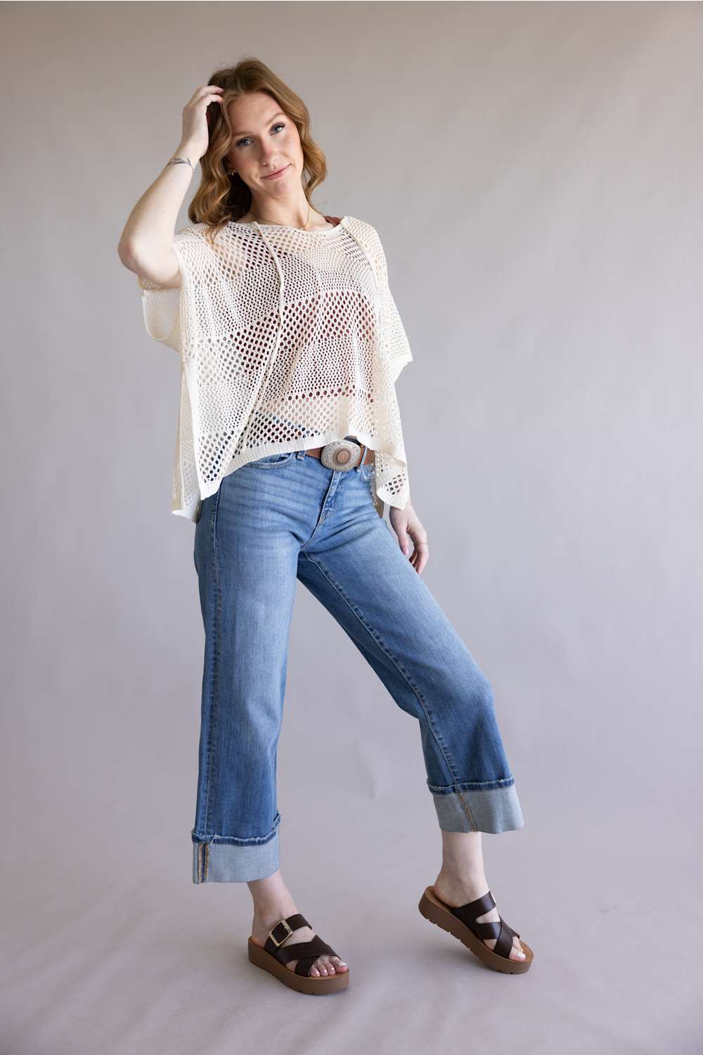 Crochet Tie Poncho Top for Women in Beige | WLPS087-BEIGE - Image 5