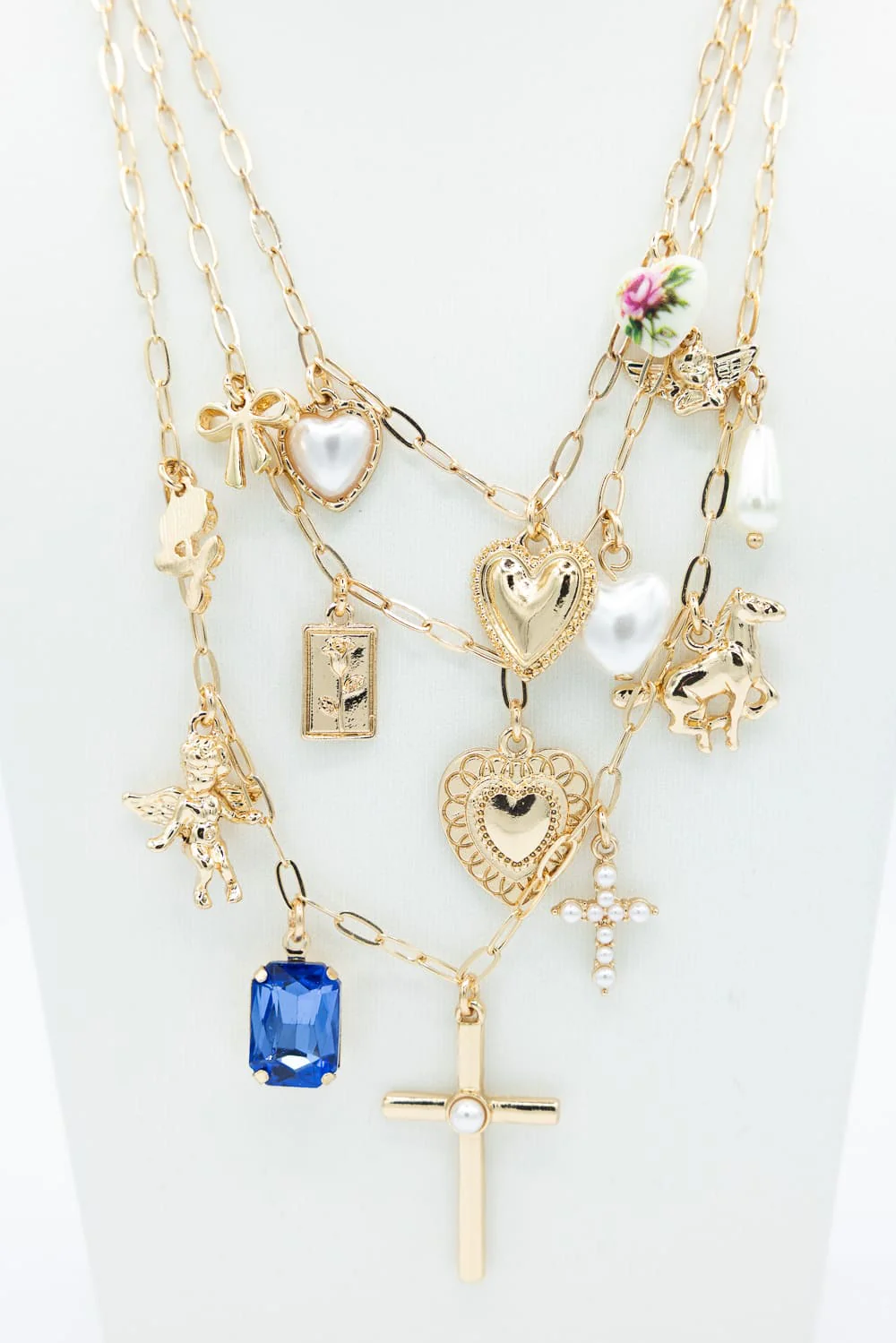 Cross 3 Layer Charm Necklace in Gold | QNC007GDCRM - Image 2