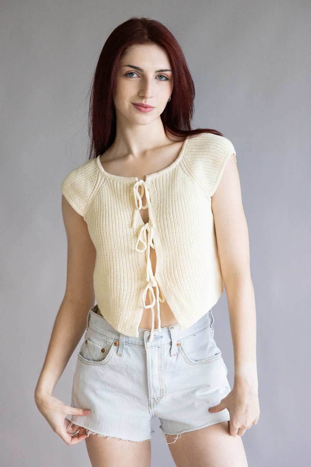 Crochet Tie Front Knit Top for Women in Cream | BWJ1212-CREAM - Image 2