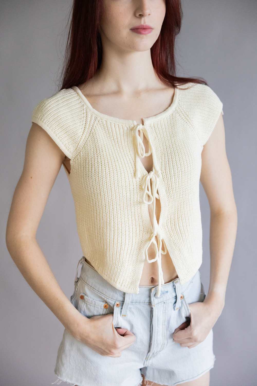 Crochet Tie Front Knit Top for Women in Cream | BWJ1212-CREAM - Image 4
