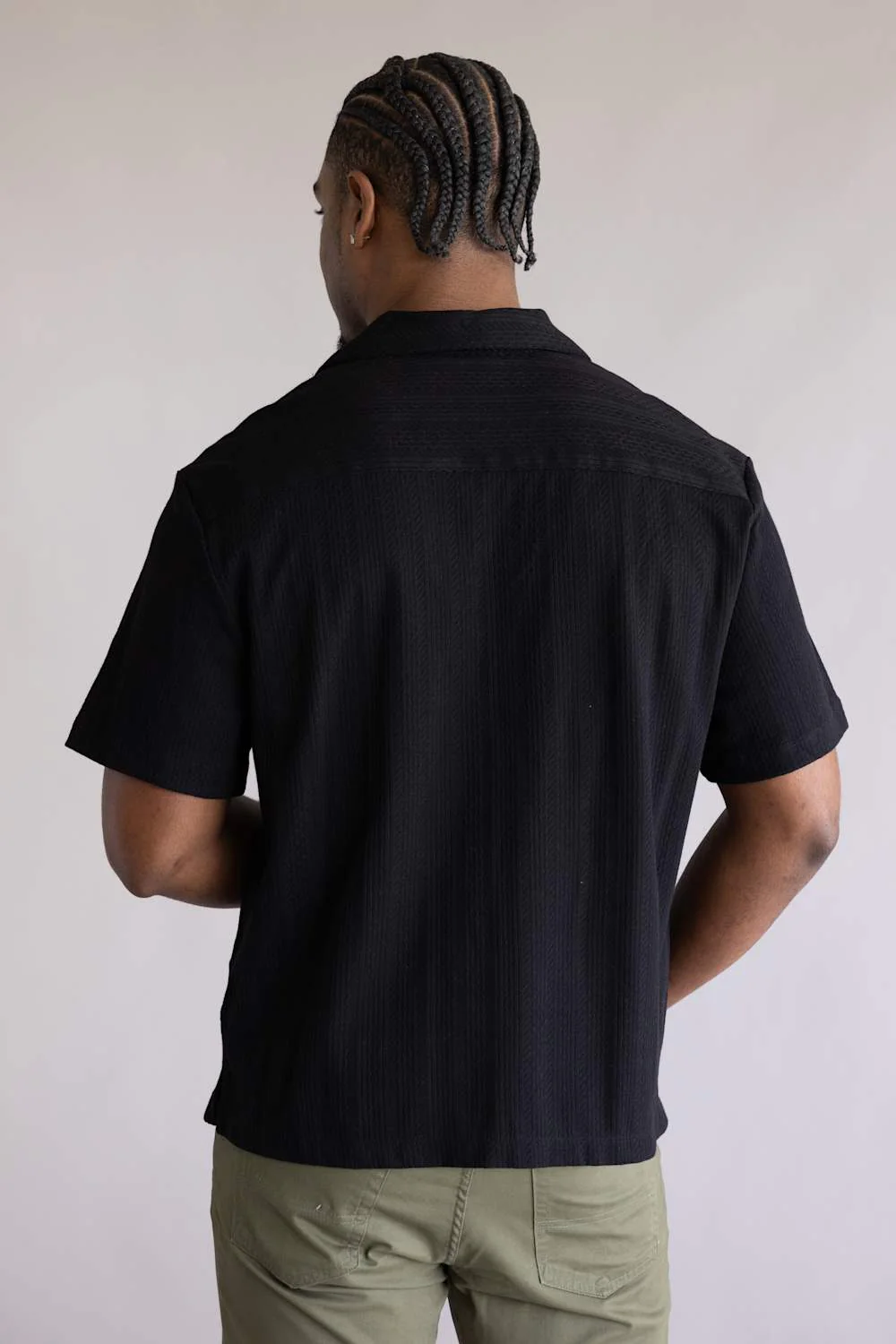 Denim & Flower Stripe Textured Button Up Shirt for Men in Black | KWS-D420-BLACK - Image 3