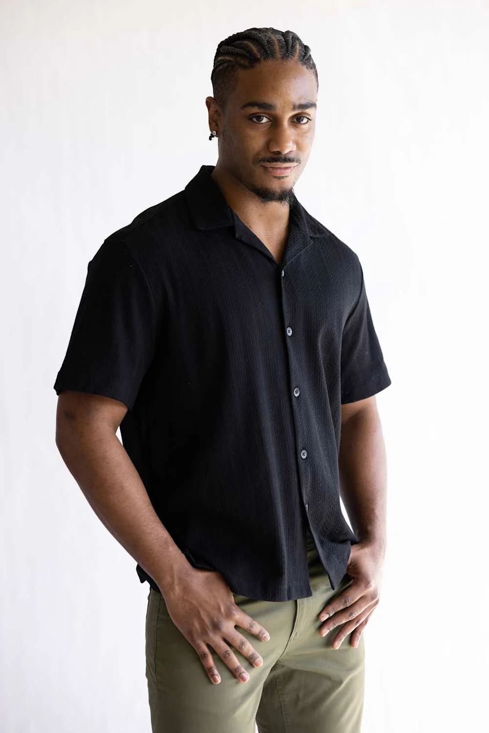 Denim & Flower Stripe Textured Button Up Shirt for Men in Black | KWS-D420-BLACK - Image 4