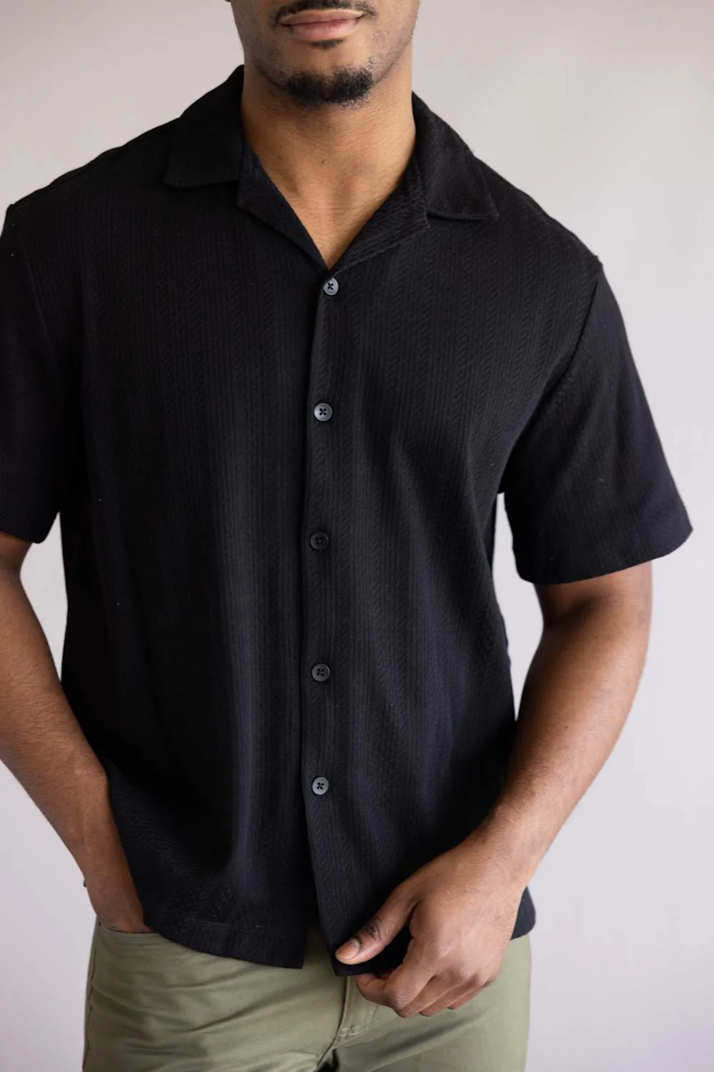Denim & Flower Stripe Textured Button Up Shirt for Men in Black | KWS-D420-BLACK - Image 5