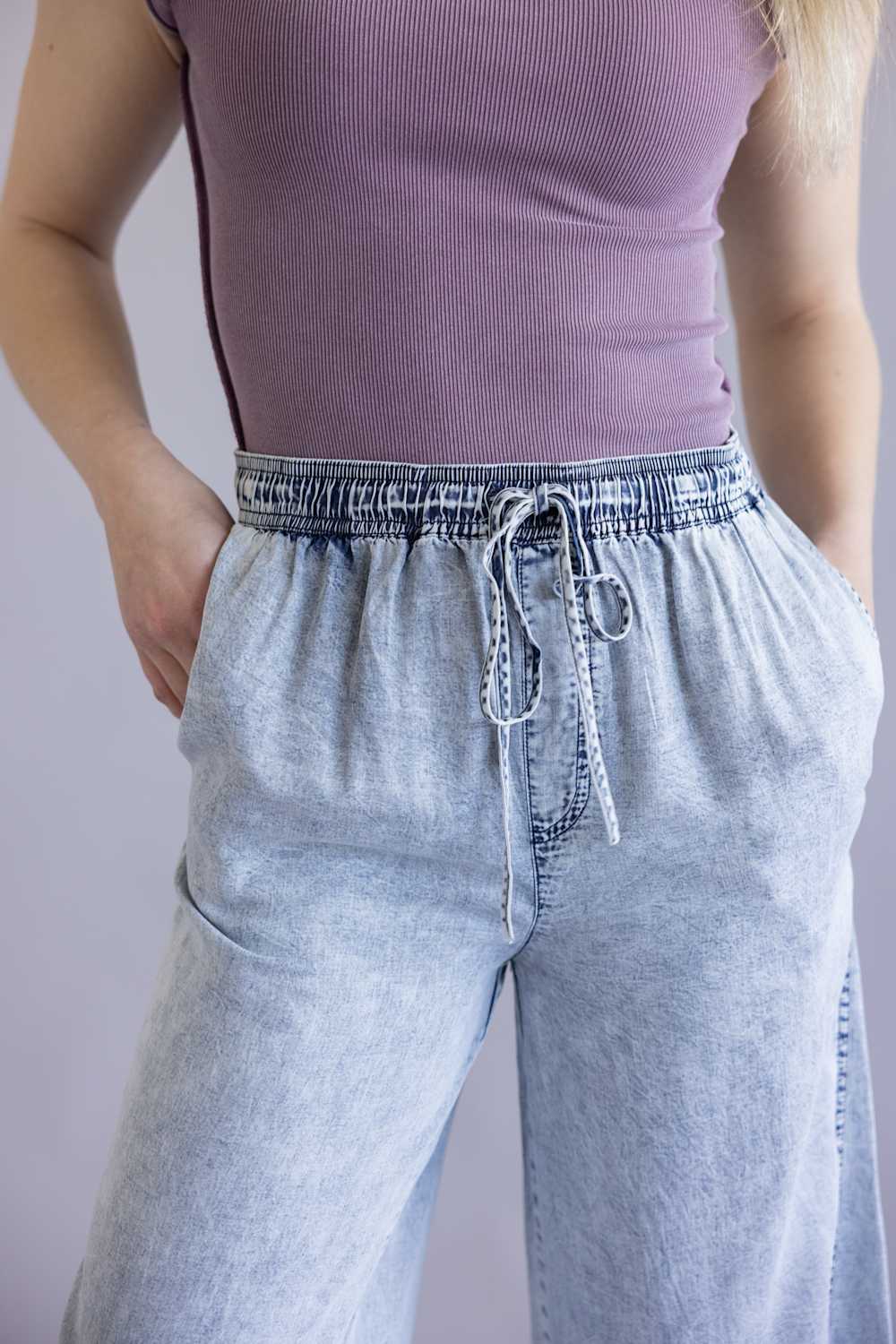 Denim Drawstring Wide Leg Pants for Women in Light Wash | VP70347A-LTWASH - Image 3