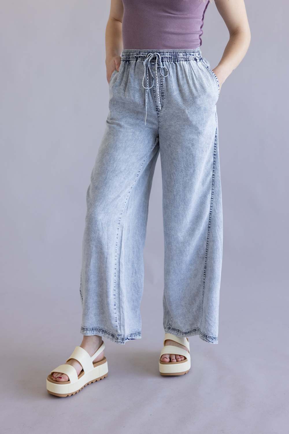 Denim Drawstring Wide Leg Pants for Women in Light Wash | VP70347A-LTWASH - Image 5