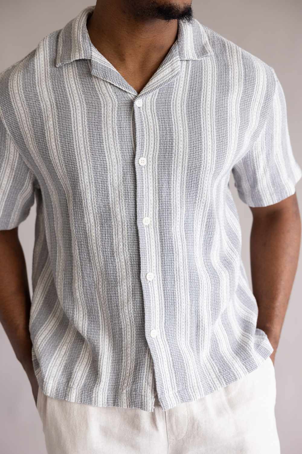 Denim & Flower Crochet Textured Button Up Shirt for Men in Grey/White | CWS-B348-GRAYWHITE - Image 3