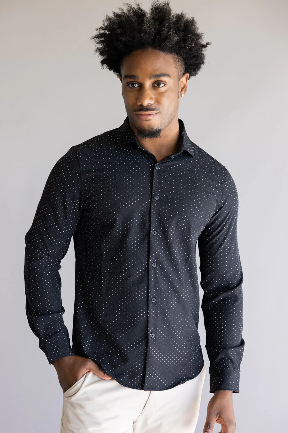 Denim & Flower Dressy Tech Dot Button Up Shirt for Men in Black | CTL-5604 - Image 4