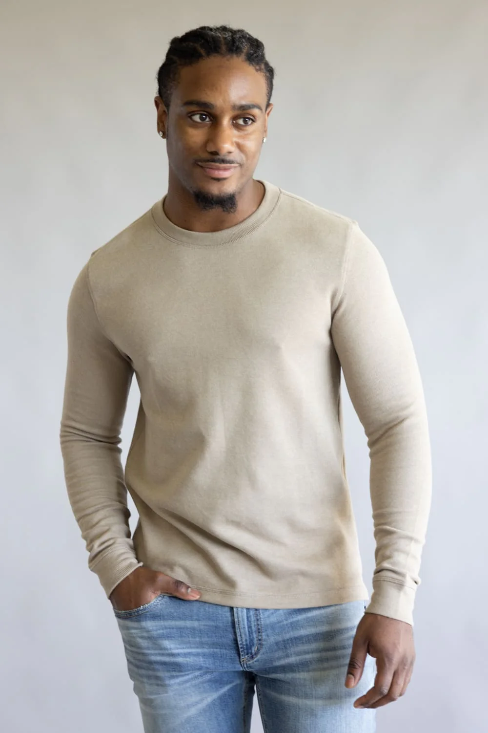 Denim & Flower Knit Crew Tee for Men in Stone | CKL-C665 - Image 3