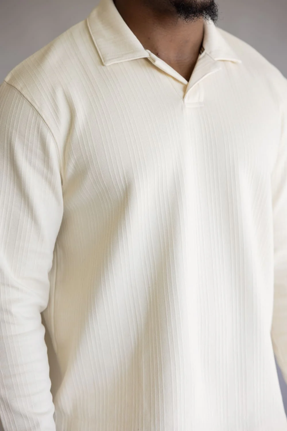 Denim & Flower Long Sleeve Polo Shirt for Men in Cream | CKPL-C670 - Image 3