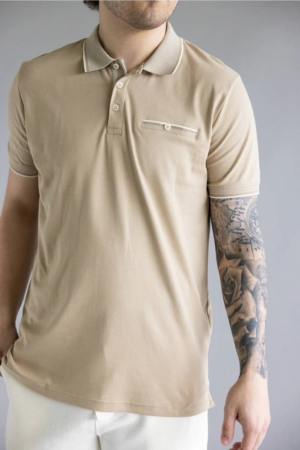 Denim & Flower Polo Shirt for Men in Sand | CKPS-C319 - Image 2