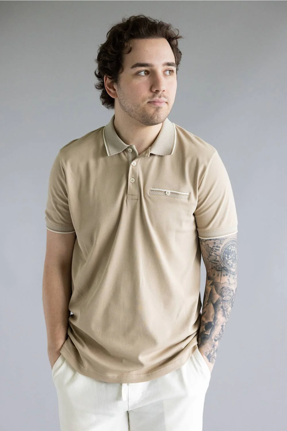Denim & Flower Polo Shirt for Men in Sand | CKPS-C319 - Image 4
