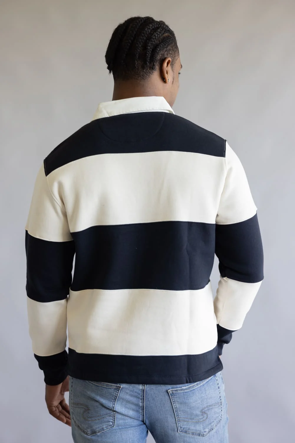 Denim & Flower Stripe Polo Fleece for Men in Cream/Navy | CSWS-C658 - Image 4