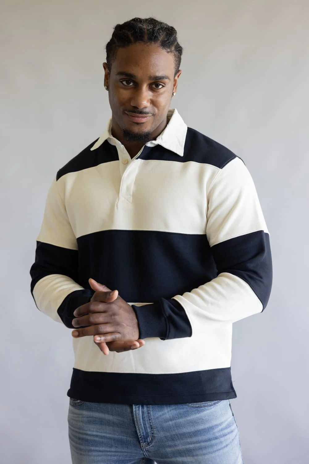 Denim & Flower Stripe Polo Fleece for Men in Cream/Navy | CSWS-C658 - Image 5