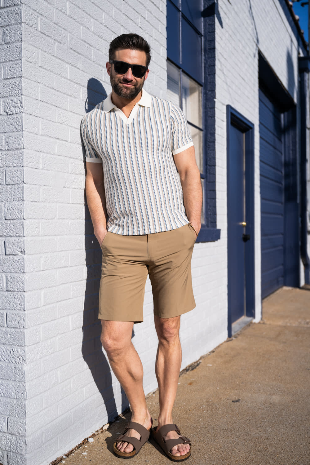 Denim & Flower Striped Crotchet Knit Sweater Polo for Men in Blue | CKPS-B736 BLUE KHAKI - Image 2