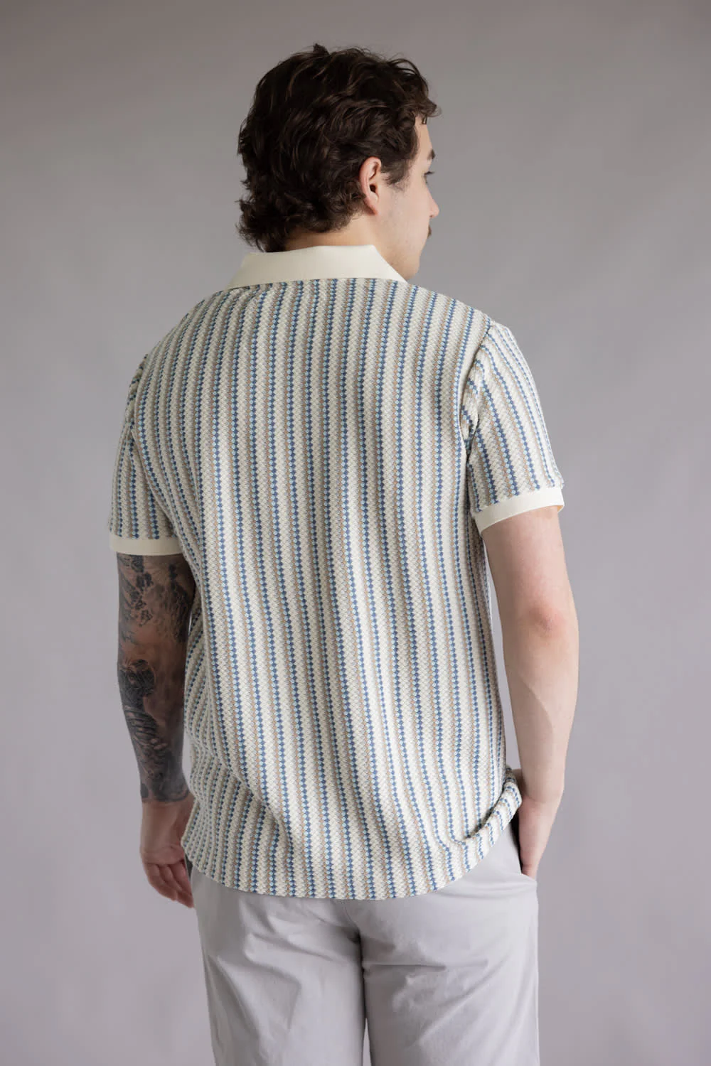 Denim & Flower Striped Crotchet Knit Sweater Polo for Men in Blue | CKPS-B736 BLUE KHAKI - Image 4