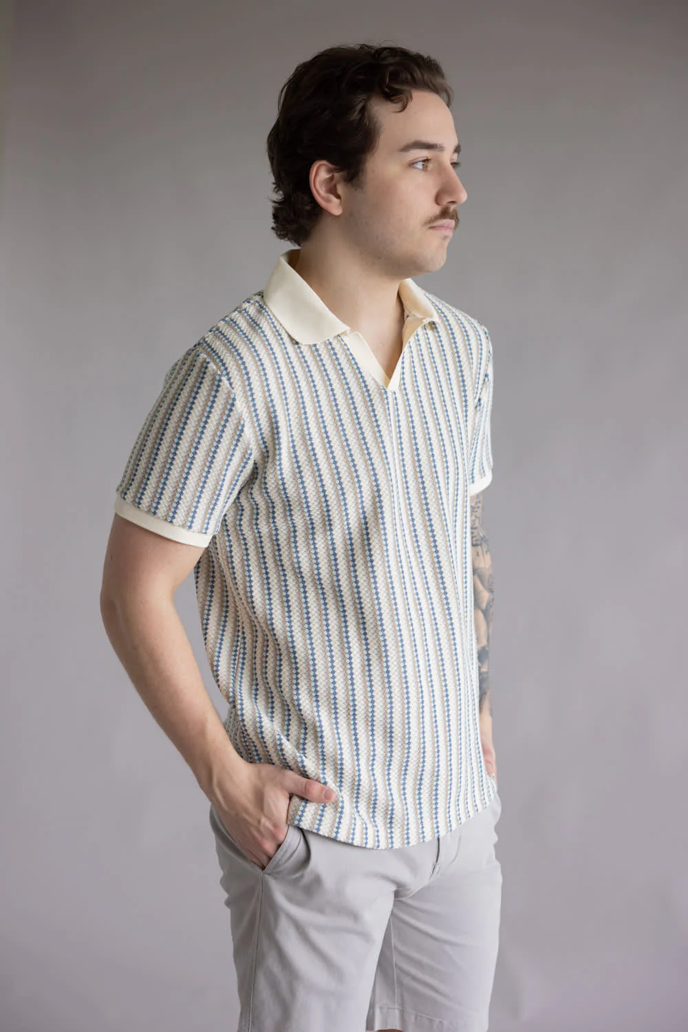 Denim & Flower Striped Crotchet Knit Sweater Polo for Men in Blue | CKPS-B736 BLUE KHAKI - Image 5