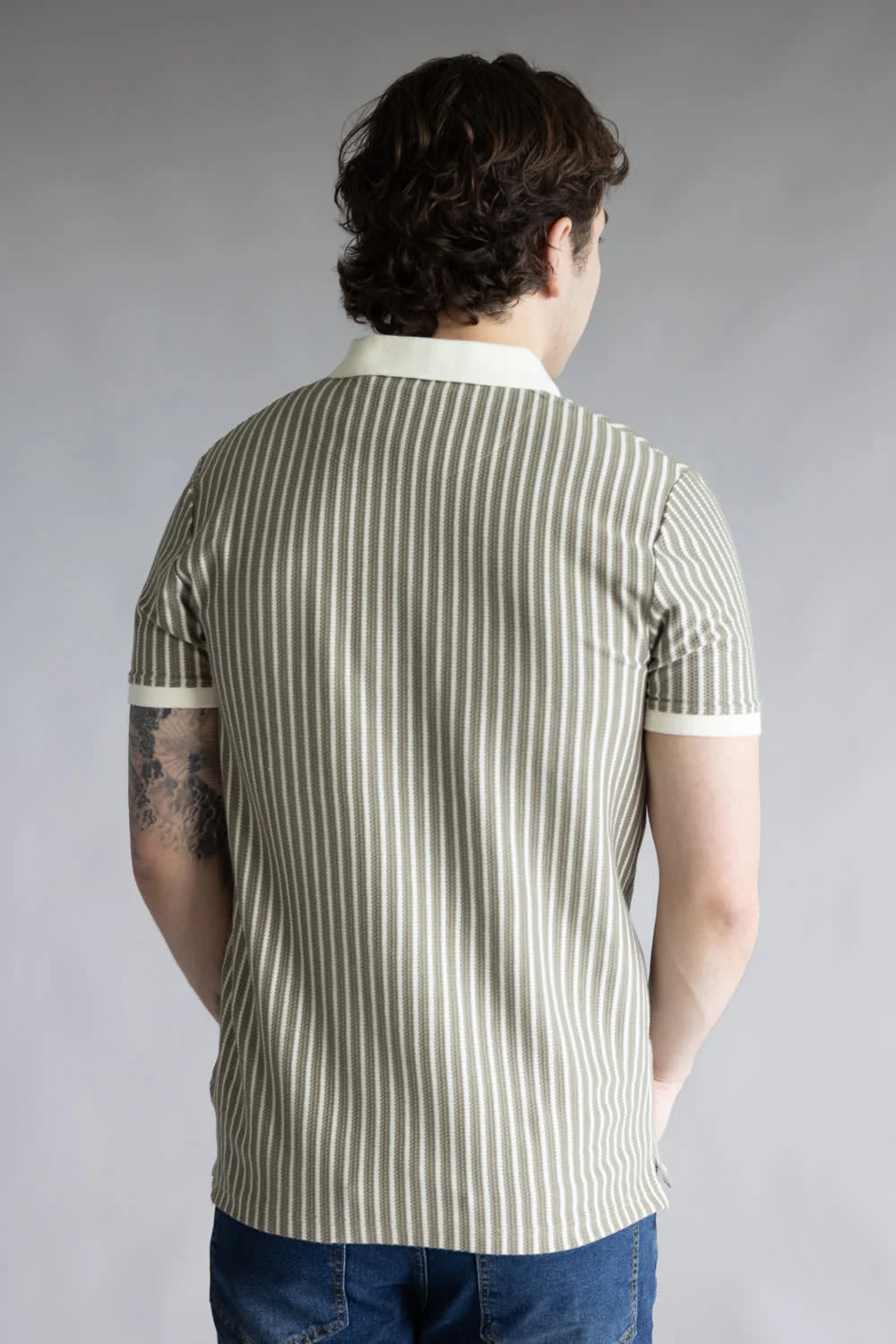 Denim & Flower Striped Crotchet Knit Sweater Polo for Men in Green/Cream | CKPS-B882 GREEN CREAM - Image 3