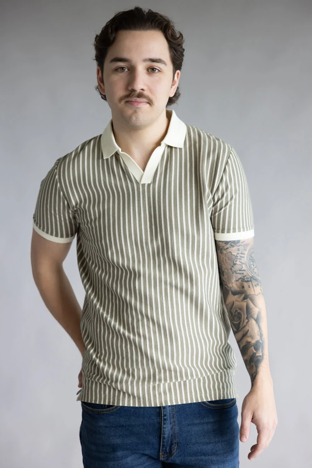 Denim & Flower Striped Crotchet Knit Sweater Polo for Men in Green/Cream | CKPS-B882 GREEN CREAM - Image 4