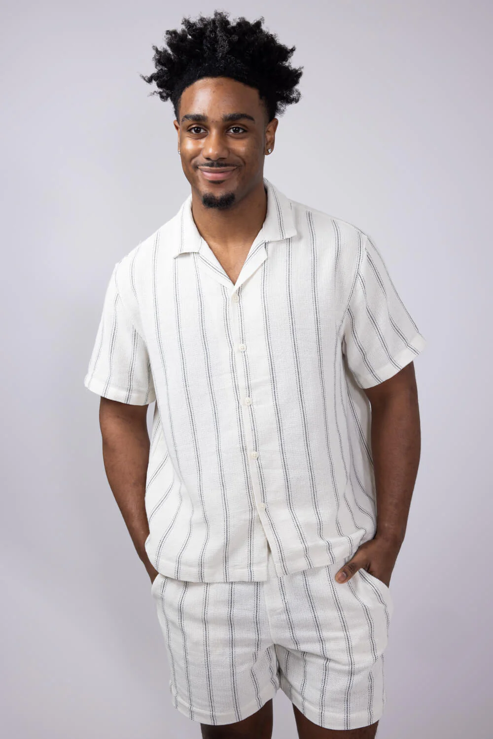 Denim & Flower Textured Striped Button Up Shirt for Men - Image 2