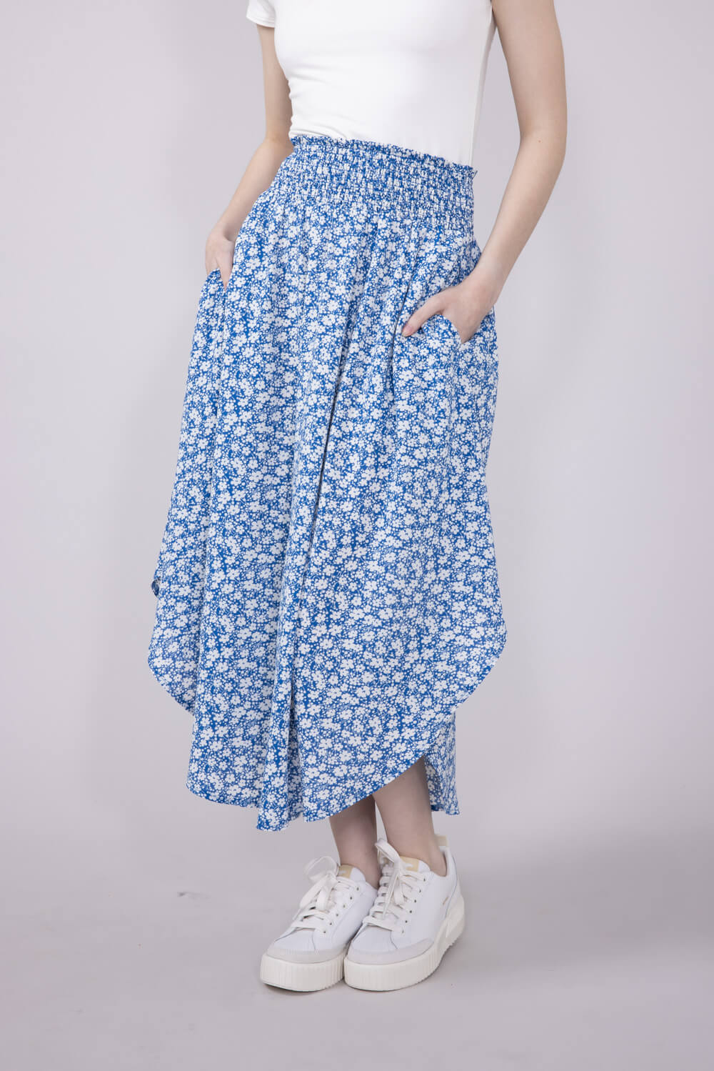 Ditsy Floral Smocked Waist Midi Skirt for Women in Blue | FS3761-BLUE - Image 4
