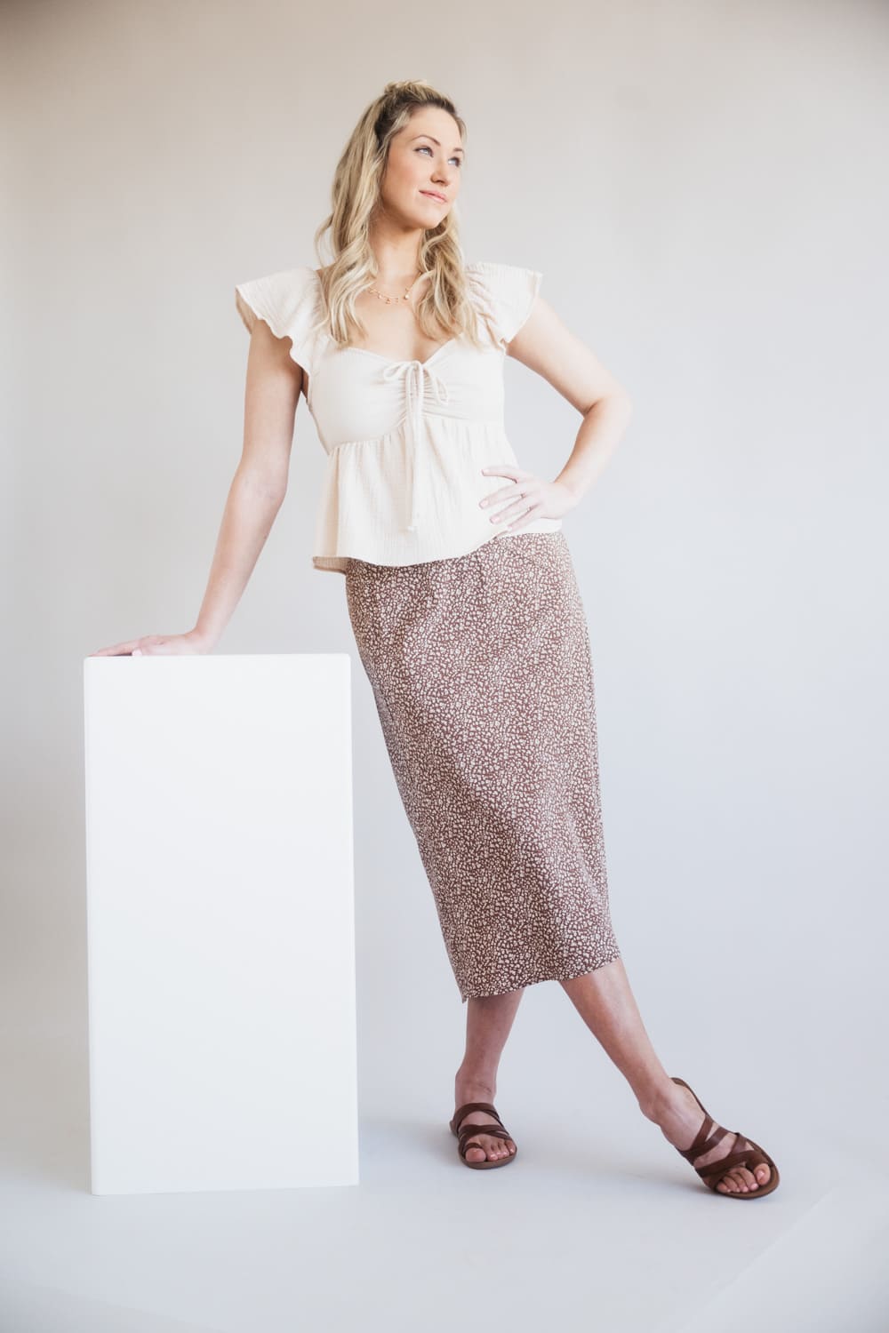 Ditsy Floral Midi Skirt for Women in Mocha | 71063-MOCHA - Image 2