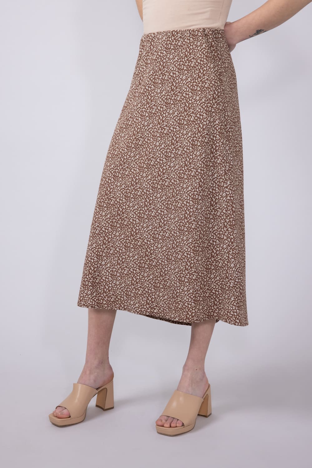 Ditsy Floral Midi Skirt for Women in Mocha | 71063-MOCHA - Image 4