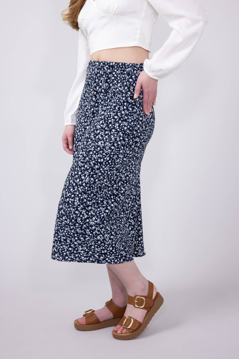 Ditsy Floral Midi Skirt for Women in Navy | 71063-NAVY - Image 3
