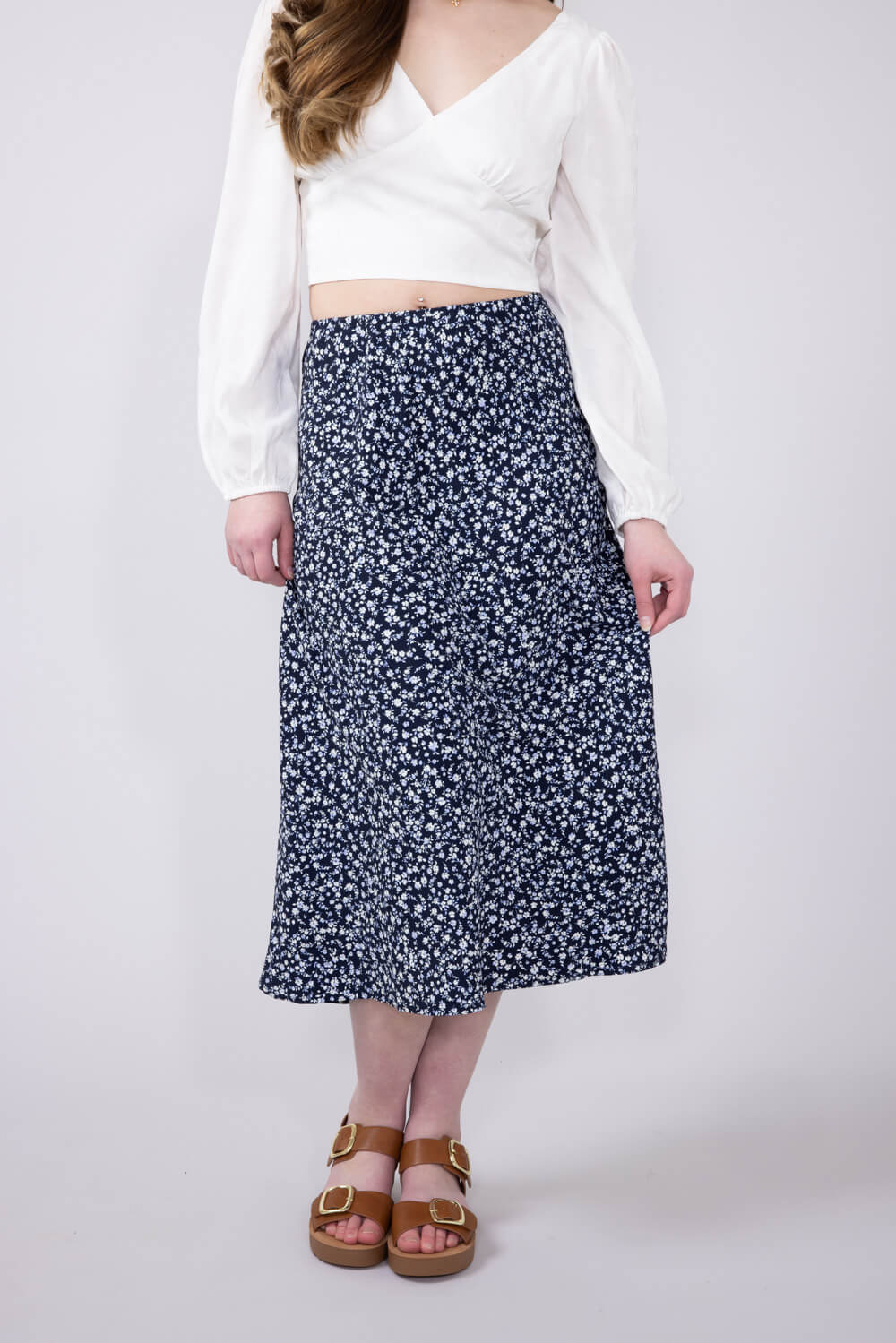 Ditsy Floral Midi Skirt for Women in Navy | 71063-NAVY - Image 4