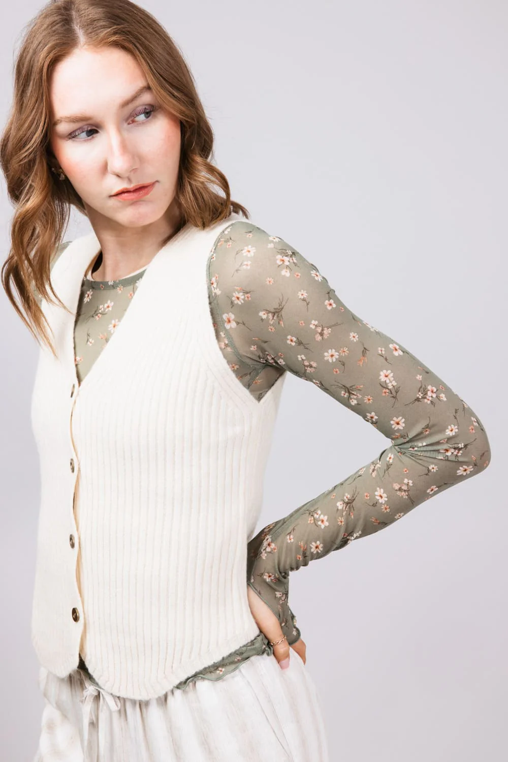 Ditsy Floral Sheer Layering Top for Women in Olive | 36107-OLIVE - Image 2