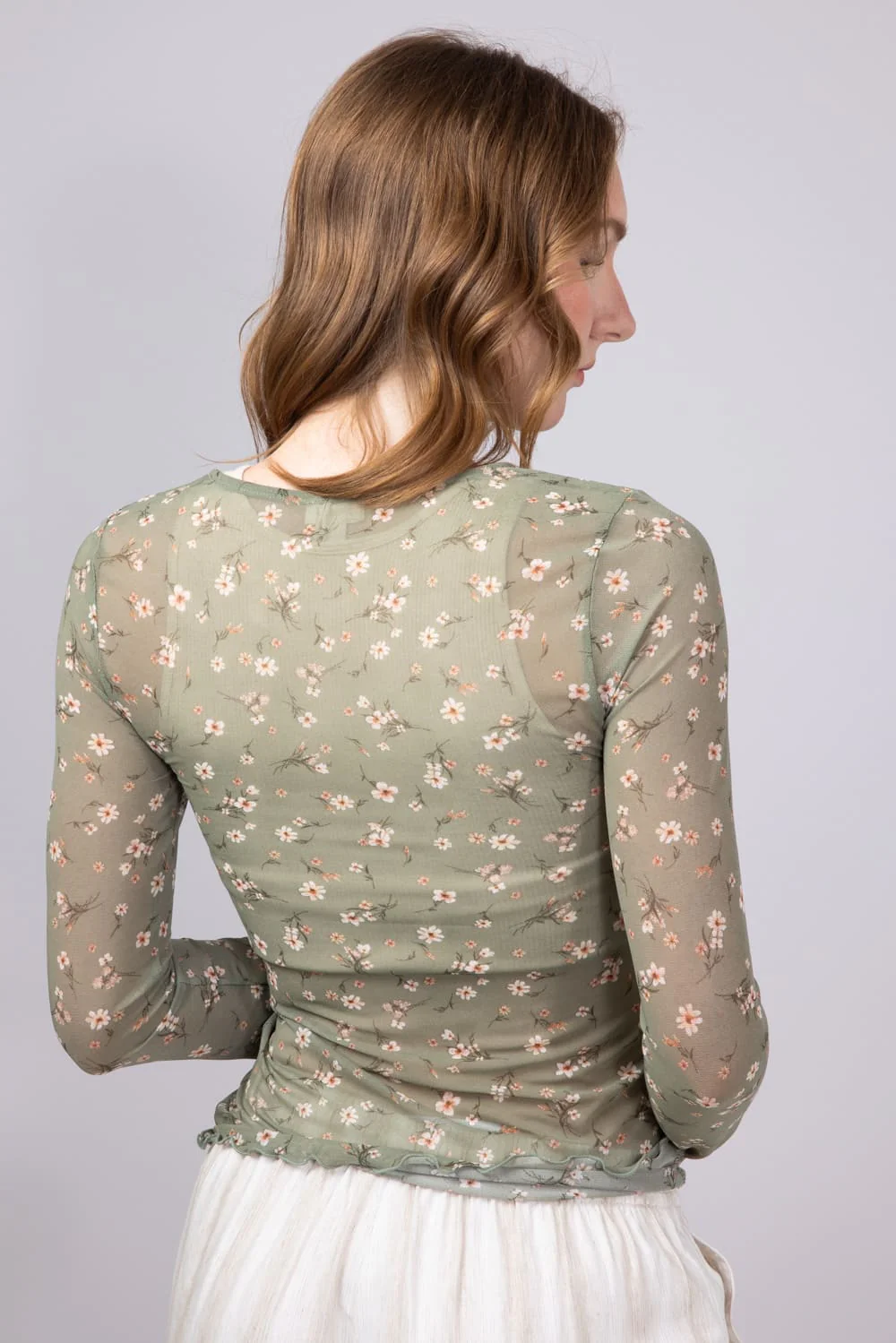 Ditsy Floral Sheer Layering Top for Women in Olive | 36107-OLIVE - Image 3