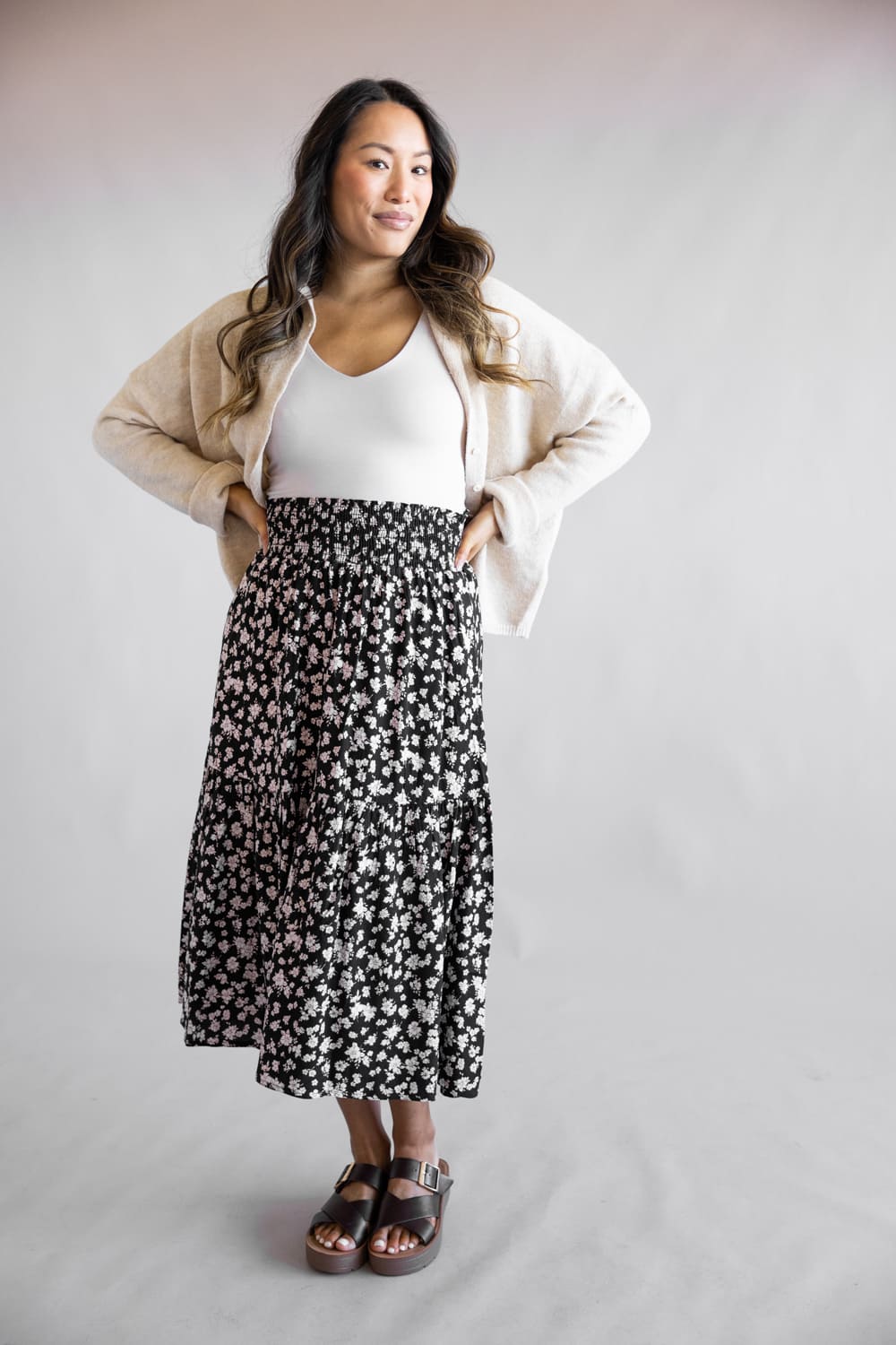 Ditsy Floral Tiered Smocked Waist Midi Skirt for Women in Black/Taupe | VS3533-BLACKTAUPE - Image 2