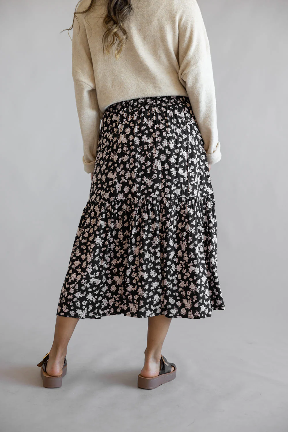 Ditsy Floral Tiered Smocked Waist Midi Skirt for Women in Black/Taupe | VS3533-BLACKTAUPE - Image 3