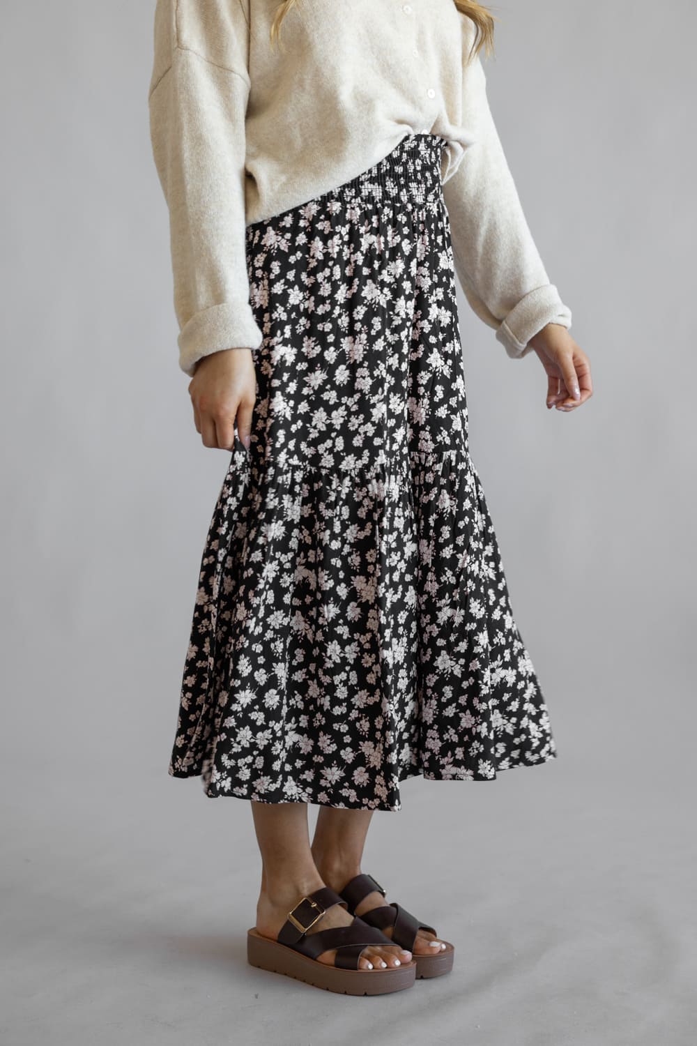 Ditsy Floral Tiered Smocked Waist Midi Skirt for Women in Black/Taupe | VS3533-BLACKTAUPE - Image 4