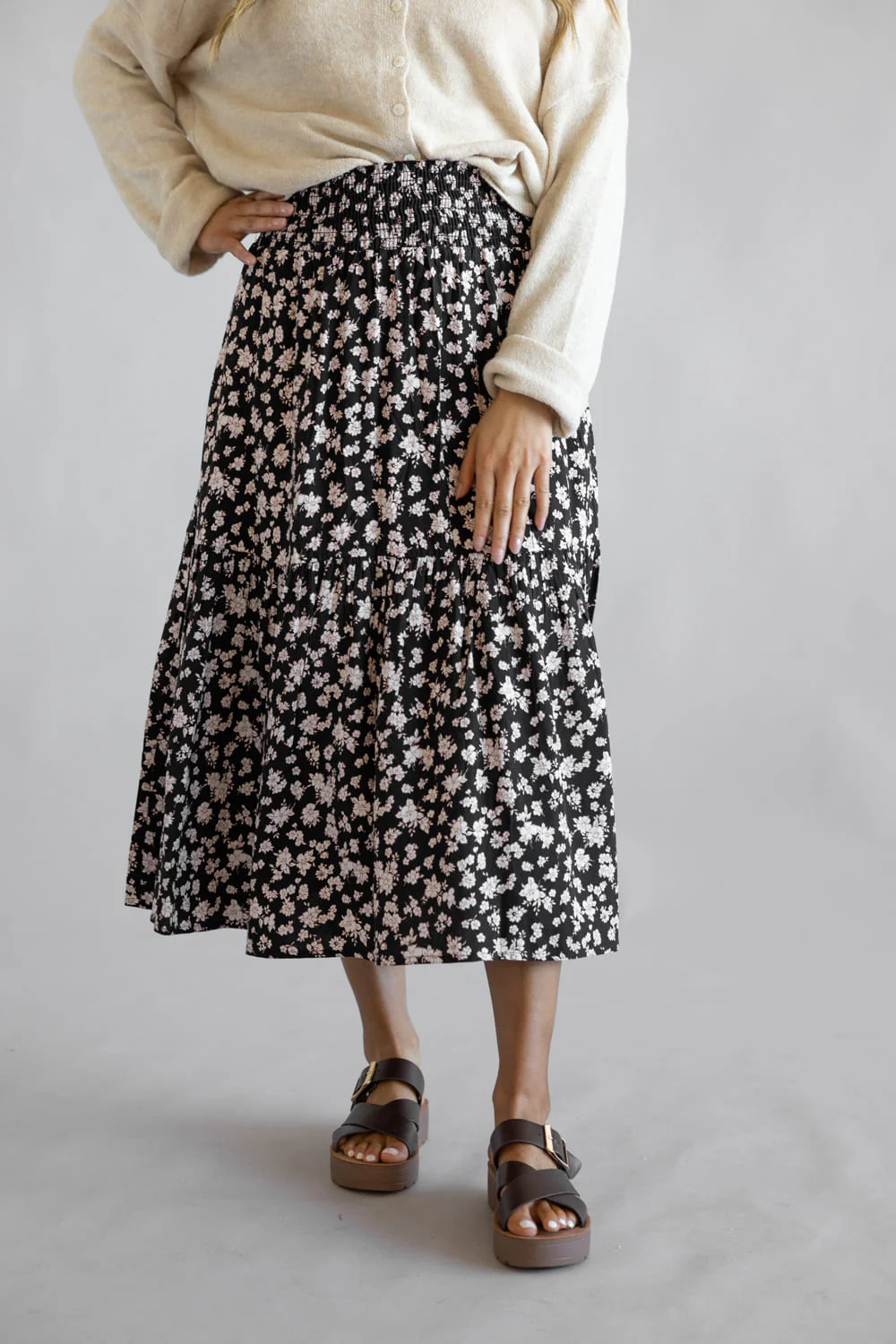 Ditsy Floral Tiered Smocked Waist Midi Skirt for Women in Black/Taupe | VS3533-BLACKTAUPE - Image 5
