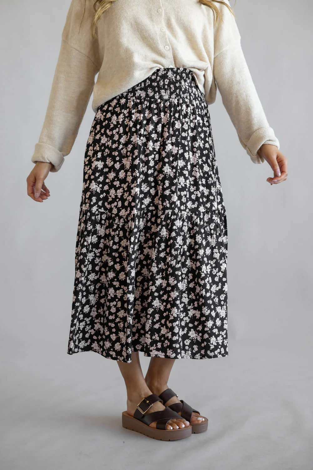 Ditsy Floral Tiered Smocked Waist Midi Skirt for Women in Black/Taupe | VS3533-BLACKTAUPE - Image 6