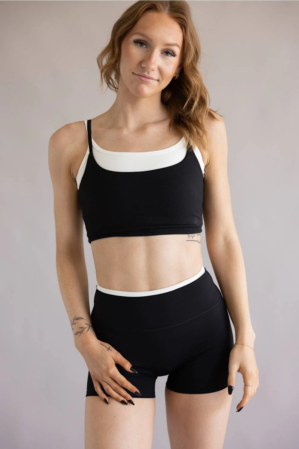 Double Layer Biker Shorts for Women in Black/White | YP70161-BLACK - Image 2