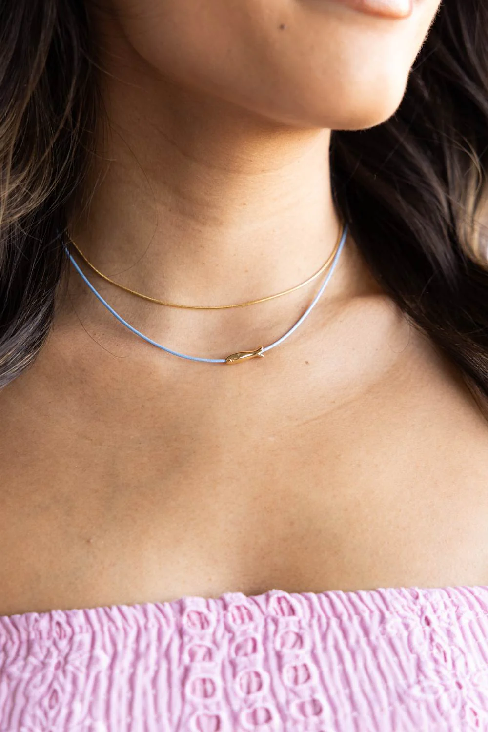 Double Layer Fish Necklace Set in Gold/Blue | HN371LBL - Image 2