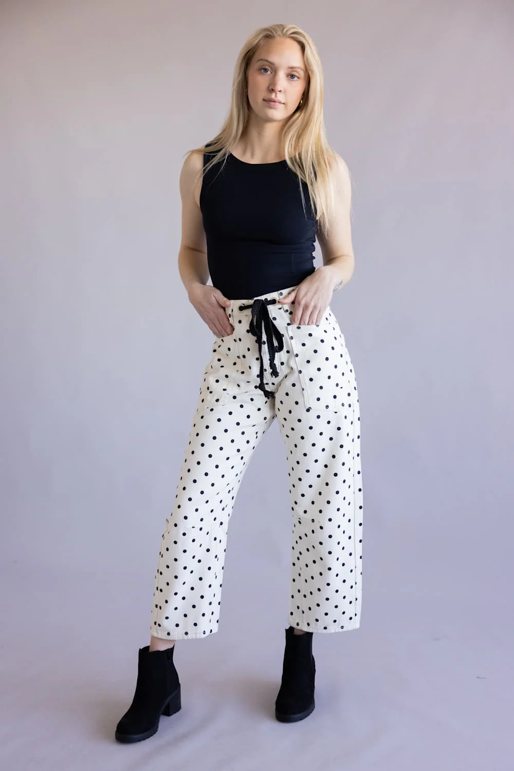 Aaron & Amber Drawstring Polka Dot Barrel Jeans for Women in Cream | AJP5719-CREAM