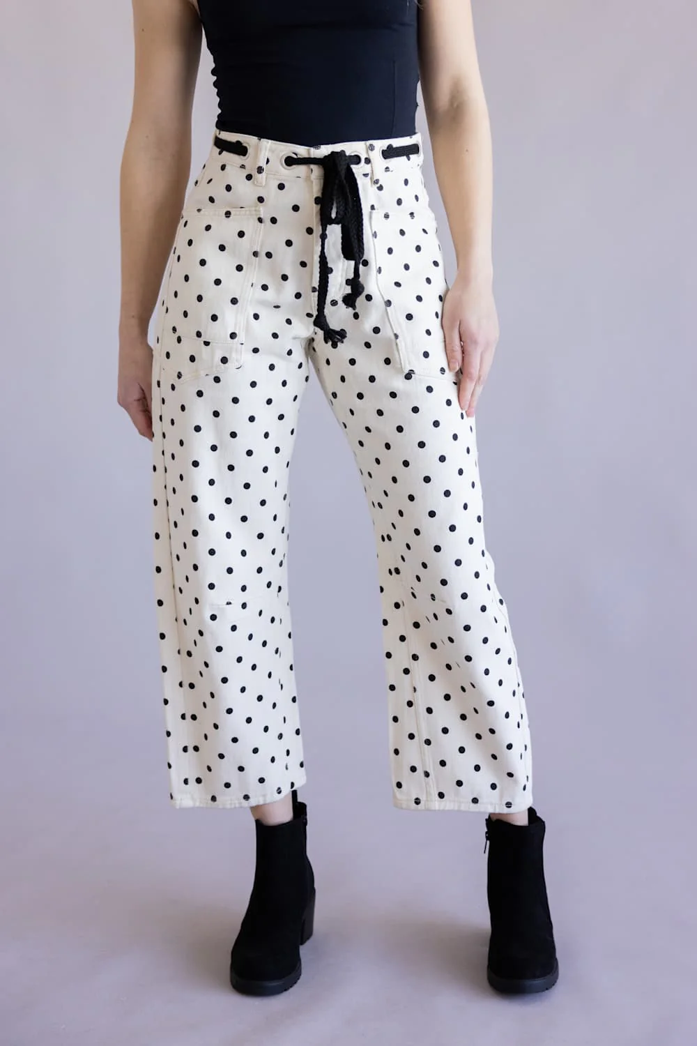 Aaron & Amber Drawstring Polka Dot Barrel Jeans for Women in Cream | AJP5719-CREAM - Image 2