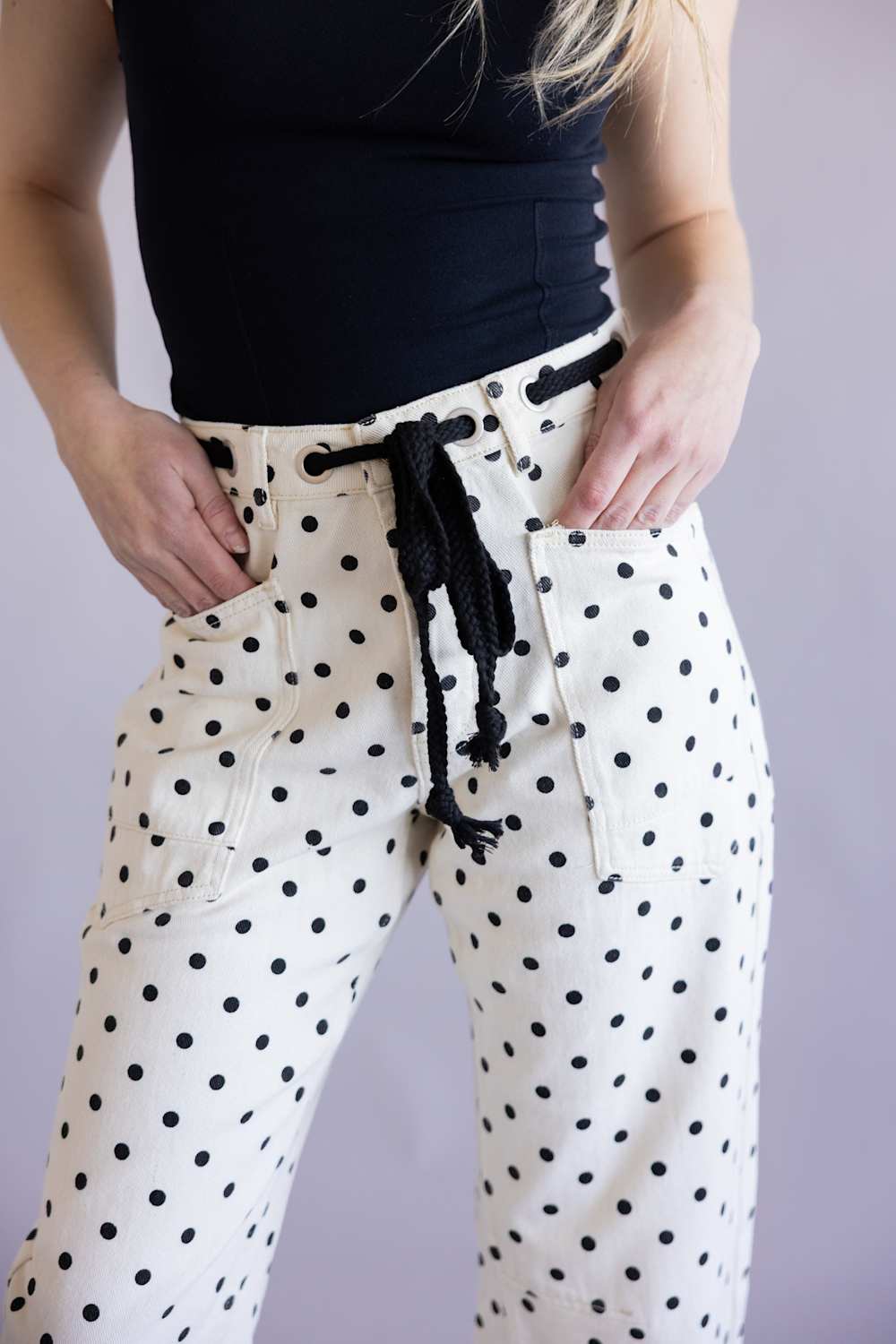 Aaron & Amber Drawstring Polka Dot Barrel Jeans for Women in Cream | AJP5719-CREAM - Image 3
