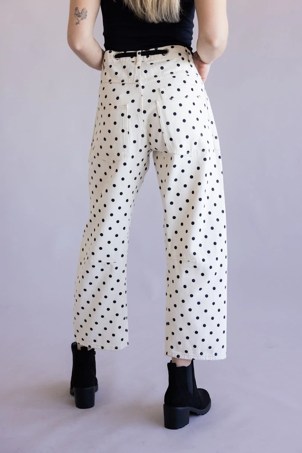 Aaron & Amber Drawstring Polka Dot Barrel Jeans for Women in Cream | AJP5719-CREAM - Image 4
