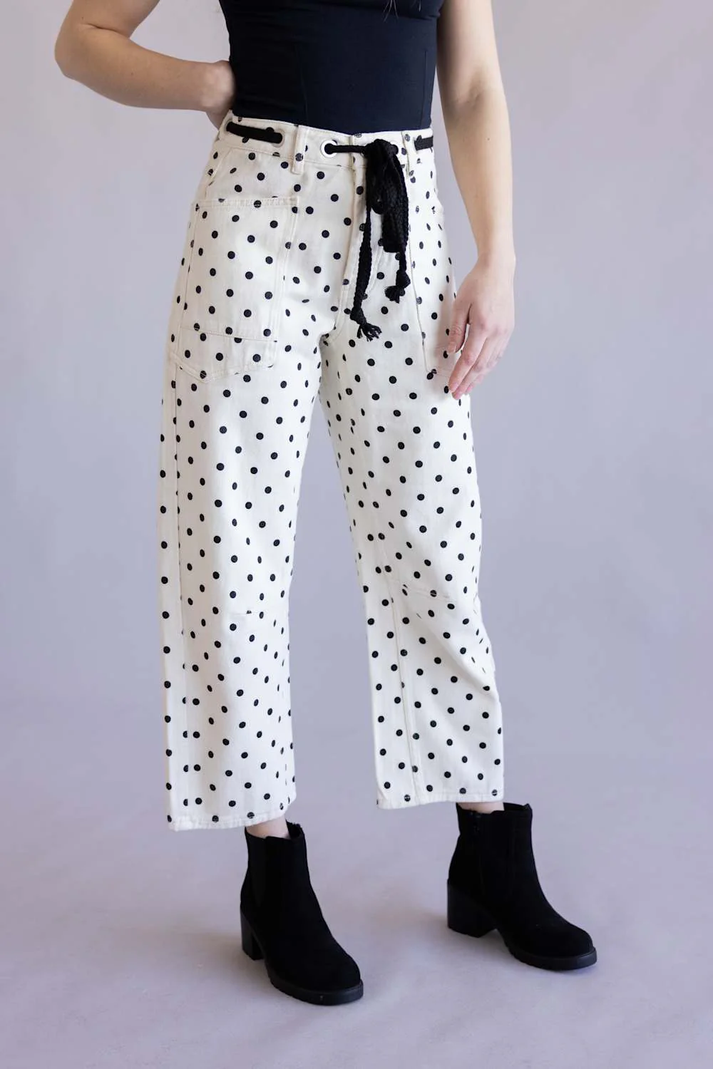 Aaron & Amber Drawstring Polka Dot Barrel Jeans for Women in Cream | AJP5719-CREAM - Image 5