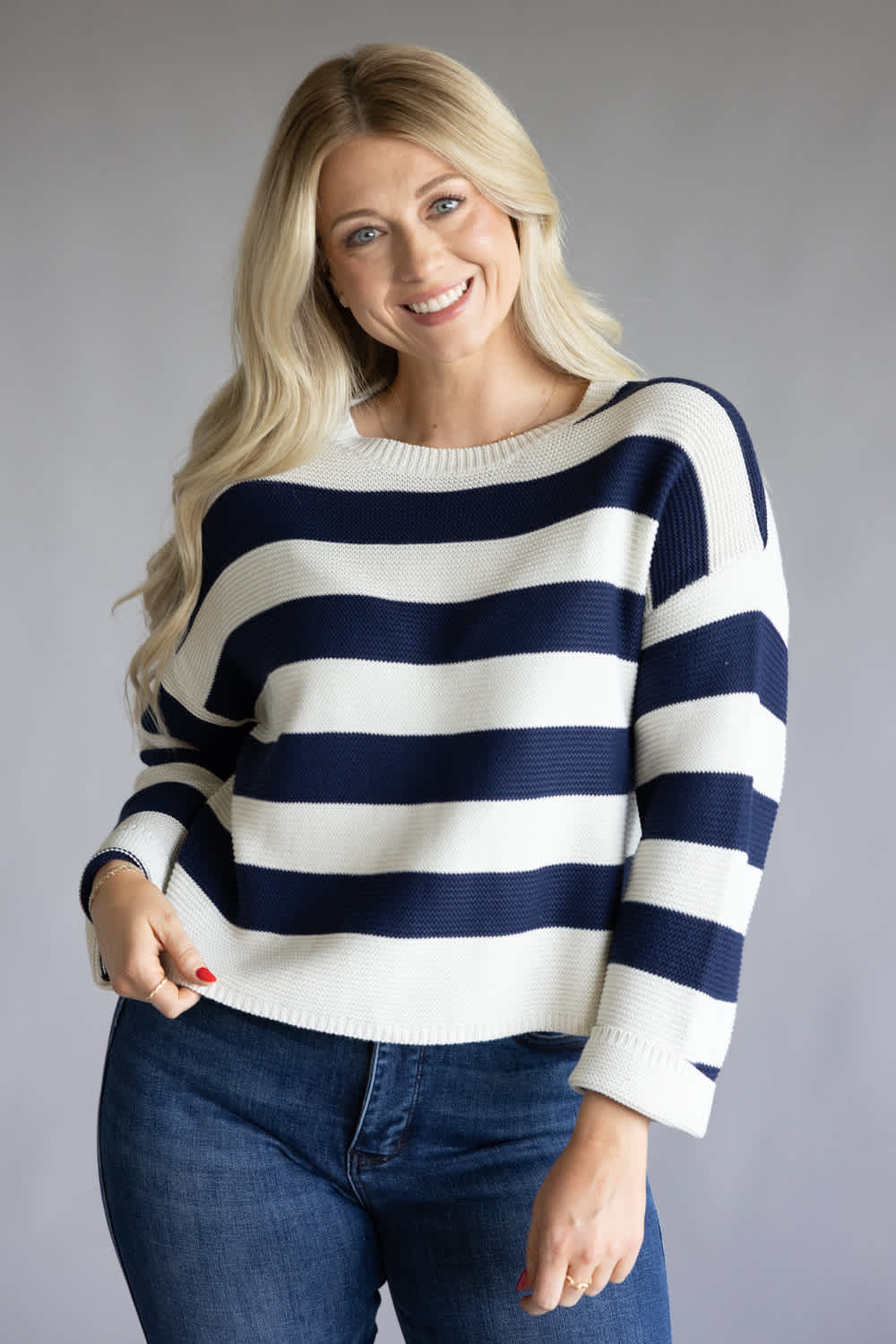 Drop Shoulder Striped Sweater for Women in Navy | BL1886-NVY - Image 3