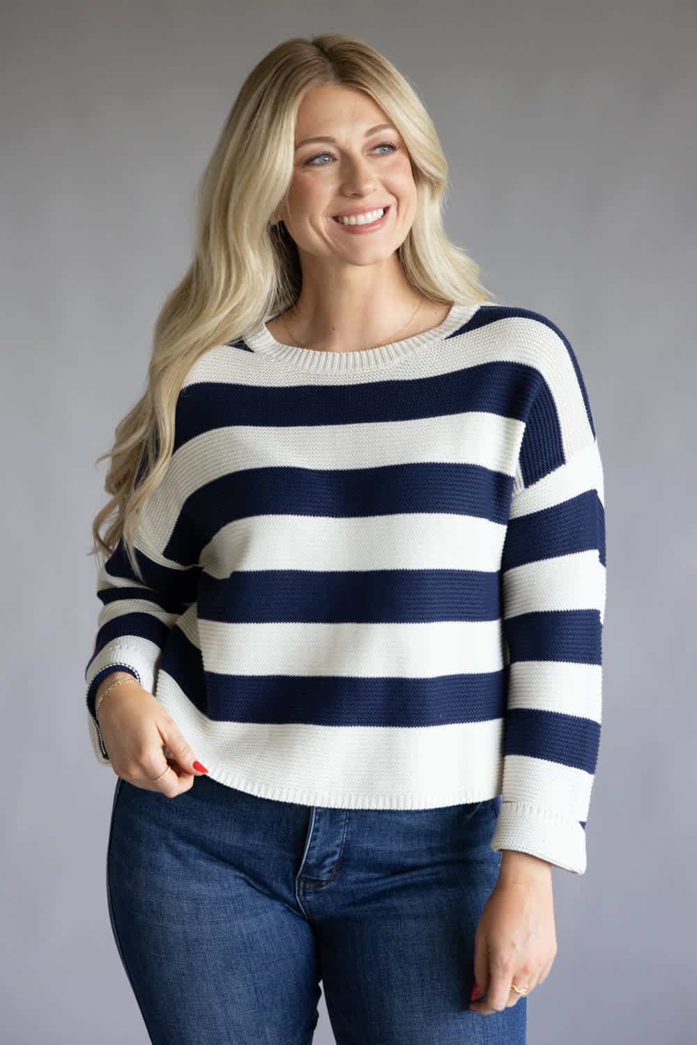 Drop Shoulder Striped Sweater for Women in Navy | BL1886-NVY - Image 4