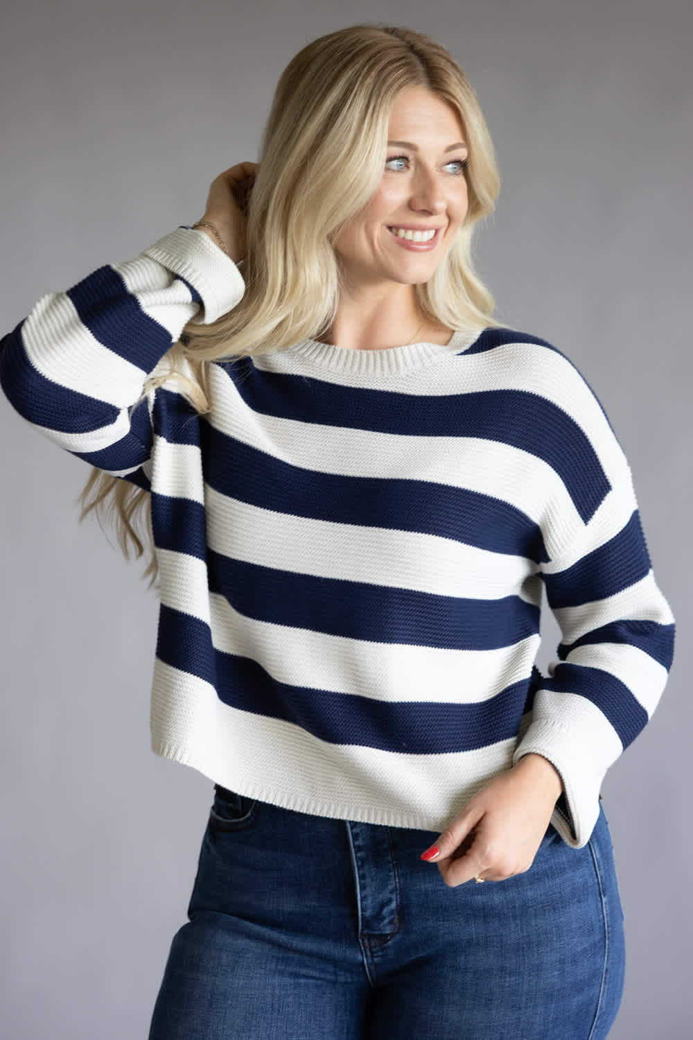 Drop Shoulder Striped Sweater for Women in Navy | BL1886-NVY - Image 5