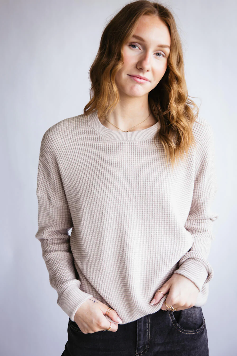 Drop Shoulder Waffle Knit Sweater for Women - Image 2