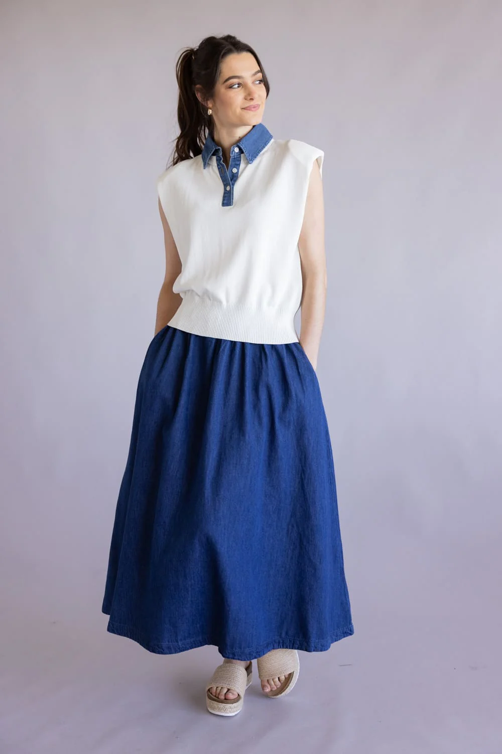 Elan Denim Accent Sweater Vest for Women in White | SW11594-WHT - Image 3