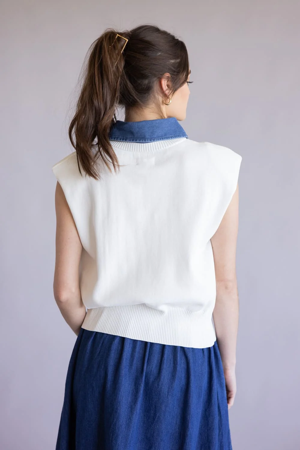 Elan Denim Accent Sweater Vest for Women in White | SW11594-WHT - Image 4