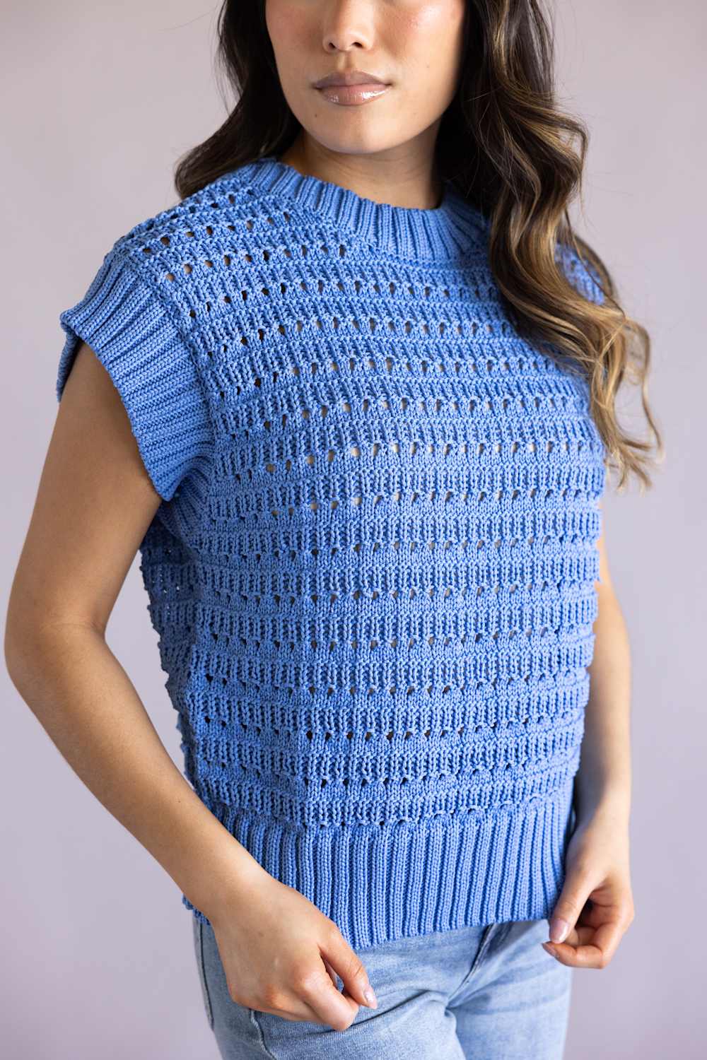 Elan Open Knit Cap Sleeve Sweater for Women in Blue | SW11619-BLU - Image 2